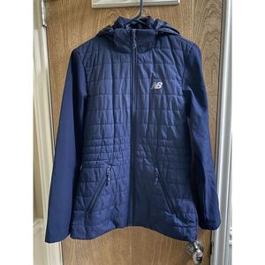 New Balance Quilted Fleece Running Jacket Navy Hooded Zip Side Pockets Sz Small